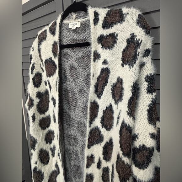 Umgee Long Open Front Cream and Brown Animal Leopard Print Cardigan - Picture 3 of 6